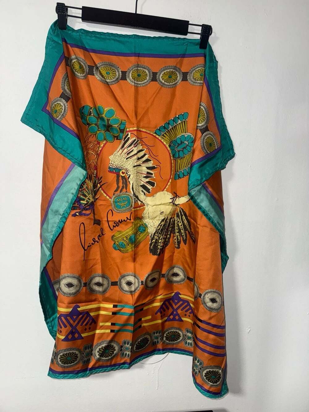 Vintage MCM Silk Native American Headdress Motif Orange & Teal Scarf